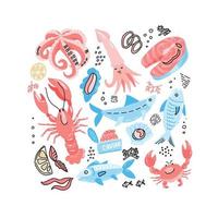 SeaFood Hand Drawn simple color Doodle with Fish, Crab, lobster, caviar, salmon steak and squid. Vector illustration. Set of Marine inhabitants in rough childish style on white background