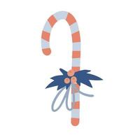 Candy cane for Christmas or New Year is decorated with holly and bow. Vector flat hand drawn illustration on white background.