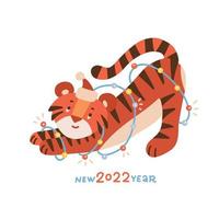 Cute baby tiger with sparkling garland. 2022 Year of the tiger. Vector flat hand drawn illustration with lettering inscription.