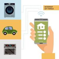 concepto de hogar inteligente e internet de las cosas. hombre que sostiene el teléfono inteligente en la mano y controla dispositivos domésticos inteligentes como lavadora, automóvil, estufa. ilustración vectorial plana aislada vector