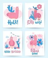 Llama and alpaca collection of cute hand drawn illustrations, greeting cards and design for nursery design, poster. Super cute bright print set. Lettering qoutes - Happy birthday,hola, love, stay wild vector