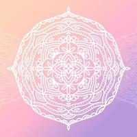 Round white mandala on gradient pink isolated background. Vector boho mandala in lilac and pink colors. Mandala with abstract pattern backround. Yoga template