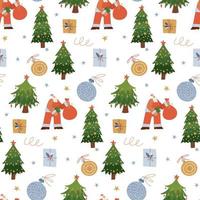 Seamless pattern with cute Santa Claus character with christmas gifts and trees isolated on white background. Flat hand drawn vector illustration