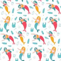 Vector Seamless pattern with mermaid characters in water with plastic objects. Stop ocean pollution concept. Waste in water. Garbage underwater. Environmental Protection. Bottle, plastic cup and bag.