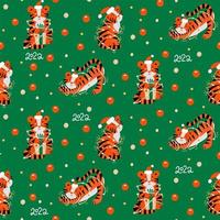 patrón transparente de color navideño con símbolo de año nuevo 2022. pequeño tigre con guirnaldas, adornos navideños, confeti y letras. ilustración vectorial plana. vector