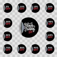 Black Friday sale and discount pointer or sticker set. 5.10, 15, 20,30,40,50,60,70,80,90, 95 percent price off tag icon. Vector realistic illustration with shadow. Round shape with folded side.