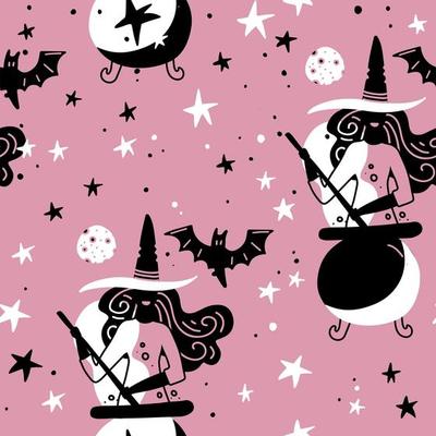 Seamless pattern with witches with cauldron, moon and bat. Simple silhouette girly illustration. magic pink night. Flat design for wrapping and textile.
