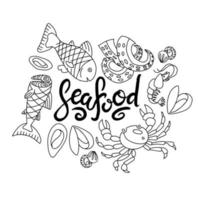 Set of doodles, hand drawn rough simple seafood theme sketches. Vector set isolated on white background. Seafood brush lettering. Kid illustration for web design, textile prints, covers, posters, menu