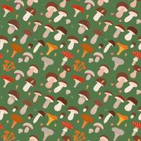 Seamless pattern with different types of forest mushrooms. Flat cartoon vector illustration on green background. Decorative repeatable texture with wild forest mushrooms.