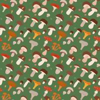 Seamless pattern with different types of forest mushrooms. Flat cartoon vector illustration on green background. Decorative repeatable texture with wild forest mushrooms.