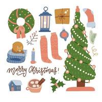 Set of christmas celebration elements - tree, gifts, toys, lantern, clothes and decorations. Winter collection of cozy home objects and cat. Hand drawn holiday items. Flat vector illustration.