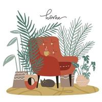 Calm and cozy home concept. Scandinavian room interior with chair, many plants and sleeping cat. House garden in urban appartment. Hand drawn vector flat illustration.