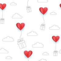 Valentines hearts balloons with line art gift boxes and clouds background. Seamless patern for Happy Mother s or Valentine s Day greeting card design. Vector 3d and flat illustration