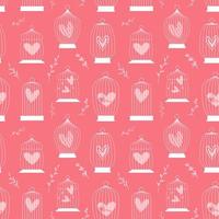Concept retro seamless pattern with birds cage and hearts inside. monochrome vector illustration.