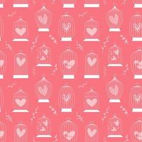 Concept retro seamless pattern with birds cage and hearts inside. monochrome vector illustration.