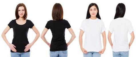 mujer coreana y blanca en camiseta blanca y negra en blanco vistas frontal y posterior, maqueta, plantilla de diseño foto