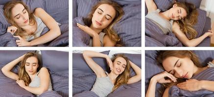 Beautiful girl sleeps in the bedroom - collage. Sleeping woman in bed close up billboard. Young beautiful woman sleeping. Portrait of the beautiful young woman sleeping in dark bed. Sleep collage photo