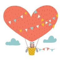 Nursery poster - Cute Elk flying in a hot air heart shaped balloon. Kids flat hand drawn vector illustration for children room wall art.