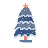 Decorated Christmas tree with balls and snow . Freehand isolated element. Vector flat Illustration. Only 5 colors - Easy to recolor.