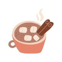 Cup of cocoa or coffee with marshmallows. Coffee break, cozy comfort. Freehand isolated element. Vector flat hand drawn Illustration. Only 5 colors - Easy to recolor.