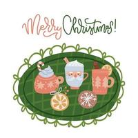 Merry Christmas greeting card template. Cute mugs with hot drinks with cookie on lace doily . Flat hand drawn vector illustration with lettering text.