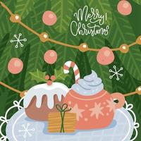 Cozy Christmas gift presents cute retro poster. Hot cocoa mug, sweet cake on the background of Christmas tree. Handdrawn winter season holidays background. Xmas greeting card flat vector illustration.