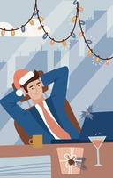 Businessman in Suit Working with Computer on Table in The Office and celebrating Happy New Year and Merry Christmas. Concept Business and Holiday. Secret Santa. Vector flat Illustration
