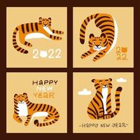 conjunto de pancartas o tarjetas con divertidos personajes de tigre para el feliz año nuevo chino 2022. concepto para el año del tigre. ilustración vectorial dibujada a mano plana creativa con texto de letras vector