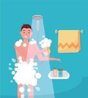 Young man taking shower in bathroom. Guy washing himself with washcloth. Morning hygiene vector concept. Showering with shampoo foam and bubble. Flat cartoon vector illustration