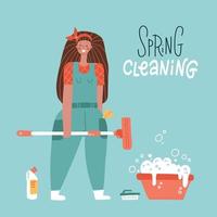 young woman with different cleaning products washes the floor. Spring cleaning banner with lettering text. Flat hand drawn illustration. vector