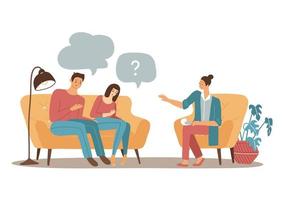 Couple Psychotherapy concept. Female Family psychologist speaking with married man and woman. Flat vector illustration