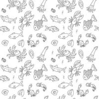 Seamless pattern with cute hand drawn fish and other marine inhabitants in doodle scandinavian style. Vector collection on white background