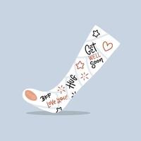 Broken leg cast with positive writings from friends and family. Love concept. Injured limb in gypsum plaster. Good get well soon wishes. Media glyph graphic icon. Flat vector illustration.