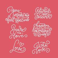 letras de feliz día de san valentín. conjunto de citas caligráficas. valentin texto dibujado a mano aislado sobre fondo rojo. para tarjetas de felicitación, diseño de impresión. ilustración lineal vectorial vector