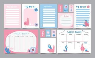 Set of planners and to do lists with simple scandinavian illustrations and trendy lettering with cacti and cute llama characters. Vector Template for agenda, planners and other stationery. Isolated.