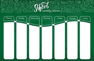 plantilla de horario escolar en pizarra con texto de letras de tiza blanca escrito a mano. horario de lecciones semanales en estilo incompleto decorado con garabatos escolares dibujados a mano en tablero verde. vector