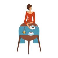 Pretty lady in red is eating in a restaurant alone. Trendy concept of single woman. Female character drinking coffee in cafe. Vector flat hand drawn illustration.