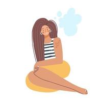 A dark-haired girl in skirt and striped vest sitting cross-legged on a ground and thinking about summer traveling. Flat vector cartoon character. Upcoming vacation planning.