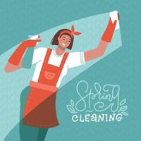 Spring cleaning banner with lettering. Woman washing glass surface with cloth. Flat hand drawn vector illustration.