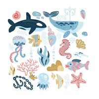 conjunto de animales marinos: conchas marinas, peces, ballenas, caballitos de mar, atún, peces mariposa, ballenas asesinas, medusas, algas marinas, ancla, coral, concha de berberecho. caricatura plana dibujada a mano ilustración vectorial del mundo submarino vector