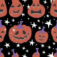 Halloween seamless bright kids doodle pattern. The day of the Dead, Pumpkin with scary faces and stars. Flat vector illustration on black background.
