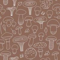 Edible and inedible mushroom seamless pattern with a collection of linear icons on a brown craft background. Vector outline hand drawn illustration.