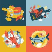 Seafood collection. Set of Hand-drawn isolated concepts. Vector flat cartoon illustrations in scandinavian style. Fish on a wooden cutting board and plate. Oysters, crab salmon and lobster. Top view.