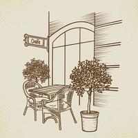 Street cafe in old town graphic illustration. Hand drawn outdoor cafe - table, two chairs and plant. Sketch for Menu design, sketch restaurant, exterior architecture, Paper vintage vector illustration