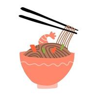 Buckwheat noodles in bowl and chopsticks are holding soba. Vector illustration of cooked soba noodles with shrimps, vegetables in cartoon simple flat style isolated on white background. Japanese food.