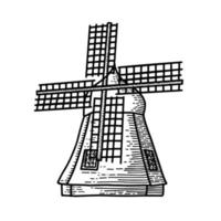 Mill sketch. Hand drawn vintage windmill. Engraved style vector illustration isolated on white background.