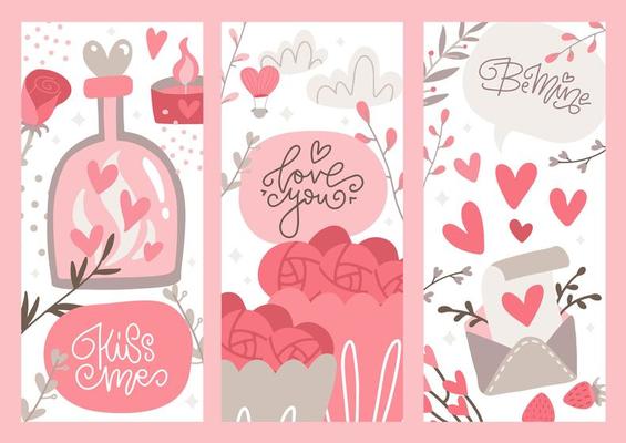 Set of Story templates for social media. Retro vintage Valentine s Day theme. Vector flat Illustration with hearts, flowers and branches in pastel colours. Background for stories.