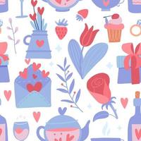 patrón romántico sin fisuras con flor y corazón, tetera y botella, fresa y ramas sobre un fondo blanco. ilustración plana vectorial para el día de san valentín