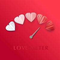 Love meter in speedometer design with paper cut style hearts. Vector illustration with heart symbols and pointer.