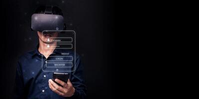 inicie sesión o regístrese inicie sesión en el sistema con el mundo digital en línea, el sistema de protección de seguridad del metaverso. foto